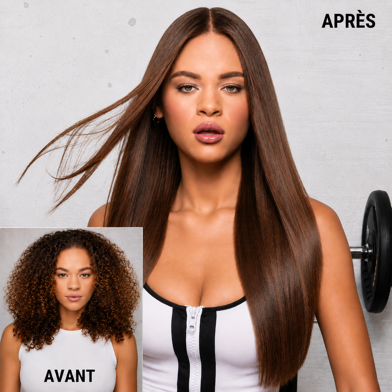 Avant/apr&egrave;s de cheveux boucl&eacute;s transform&eacute;s en cheveux longs et lisses.